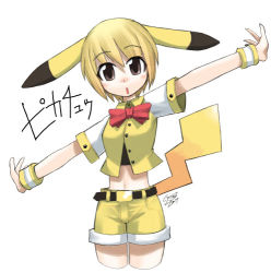  1girl animal_ears belt blonde_hair blush bow bowtie brown_eyes cosplay creatures_(company) crossover denim denim_shorts game_freak gen_1_pokemon lowres midriff navel nintendo open_mouth outstretched_arms parody personification pikachu pikachu_tail pokemon pokemon_tail red_bow red_bowtie short_hair shorts signature simple_background solo spread_arms tail white_background wristband  rating:Sensitive score:17 user:danbooru