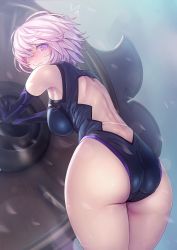1girl armpits ass aya_shobon back back_cutout bare_shoulders black_gloves black_leotard blush breasts closed_mouth clothing_cutout cowboy_shot elbow_gloves fate/grand_order fate_(series) from_behind gloves hair_over_one_eye highres large_breasts leaning_forward lens_flare leotard looking_back mash_kyrielight nose_blush oversized_object petals pink_hair purple_eyes shield short_hair solo standing ^^^ sweat thighs rating:Questionable score:118 user:danbooru