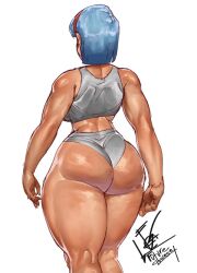  1girl artist_request ass back biceps blue_hair breasts bulma chair cleavage dragon_ball dragonball_z ear_piercing female_focus grey_panties grey_tank_top hairband highres huge_ass large_breasts legs_together navel panties piercing short_hair skindentation solo tank_top thick_thighs thighs underwear underwear_only white_background 