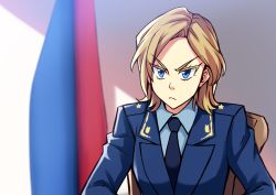  1girl bad_id bad_twitter_id blonde_hair blue_eyes closed_mouth commentary english_commentary formal looking_at_viewer meme natalia_poklonskaya necktie peach88 real_life serious short_hair solo suit uniform upper_body v-shaped_eyebrows white_background 