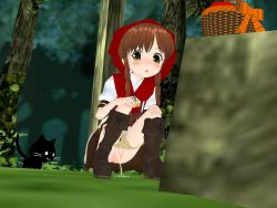 1girl 3d 3d_custom_girl :3 animal black_cat black_footwear blush boots braid brown_hair cat dress eroi_hito forest grass green_eyes green_panties hands_on_own_knees hood little_red_riding_hood little_red_riding_hood_(grimm) loli looking_at_viewer nature open_mouth panties panty_pull peeing pussy short_sleeves squatting striped_clothes striped_panties tree twin_braids uncensored underwear white_dress rating:Explicit score:13 user:cpee