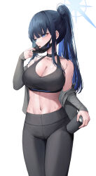  1girl absurdres black_hair black_jacket black_pants blue_archive blue_eyes blue_hair blue_halo blush breasts cleavage collarbone colored_inner_hair cowboy_shot halo highres holding jacket large_breasts long_hair mea_(hwaksal) multicolored_hair navel open_clothes open_jacket open_mouth pants ponytail saori_(blue_archive) simple_background solo sweat white_background yoga_pants  rating:Sensitive score:12 user:danbooru