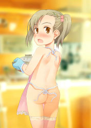  1girl apron ass blurry blush brown_eyes cube_hair_ornament depth_of_field from_behind hair_ornament hairclip highres holding light_brown_hair loli looking_at_viewer looking_back makita_hana naked_apron open_mouth original oven_mitts pink_thighhighs short_hair short_twintails sol-fa-soft solo thigh_gap thighhighs twintails usugi_shoujo yoshida_seiji  rating:Questionable score:139 user:danbooru