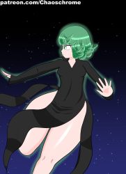  1girl armor black_dress breasts chaoschrome closed_mouth curly_hair dress floating green_eyes green_hair highres long_sleeves one-punch_man open_mouth short_hair small_breasts solo tatsumaki thick_thighs thighs wide_hips  rating:Questionable score:1 user:xsilnv