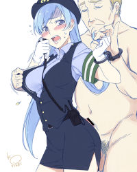  1boy 1girl @_@ artist_name assisted_exposure bar_censor belt blue_eyes blue_hair blush breasts censored clothed_female_nude_male cuffs closed_eyes flying_sweatdrops handcuffs hat hetero korisei long_hair molestation nude open_clothes open_mouth open_vest original pencil_skirt penis pervert playing_with_another&#039;s_hair pointless_censoring police police_hat police_uniform policewoman popped_button side_slit signature sketch skirt sweat turn_pale unbuttoning undressing uniform vest walkie-talkie  rating:Explicit score:38 user:danbooru