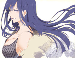  1girl angry b-cat bare_shoulders blue_hair breasts cleavage clenched_teeth flower from_side grey_eyes hyuuga_hinata large_breasts lips lipstick long_hair makeup naruto:_road_to_ninja naruto_(series) naruto_shippuuden purple_hair scowl sideboob simple_background solo teeth white_background white_eyes  rating:Sensitive score:152 user:Princess_of_Hoenn