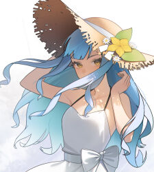  1girl arm_up bang_dream! bang_dream!_it&#039;s_mygo!!!!! bare_arms bare_shoulders blue_hair bow brown_hat collarbone covered_mouth dress dress_bow floating_hair flower gradient_background grey_background guyijun hair_over_mouth halter_dress halterneck hand_on_headwear hand_up hat hat_flower hat_ribbon highres long_hair looking_at_viewer ribbon shade sidelocks solo straw_hat sun_hat sundress togawa_sakiko upper_body wavy_hair white_background white_dress white_flower white_ribbon yellow_eyes yellow_flower 
