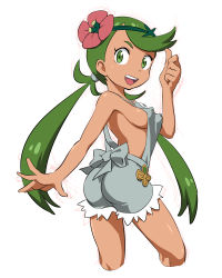 1girl :d ass breasts creatures_(company) dark-skinned_female dark_skin female_focus flower from_behind funnyari game_freak green_eyes green_hair hair_flower hair_ornament looking_back low_twintails mallow_(pokemon) nintendo nipples no_bra open_mouth pokemon pokemon_sm simple_background smile solo twintails white_background rating:Questionable score:64 user:Dweenie
