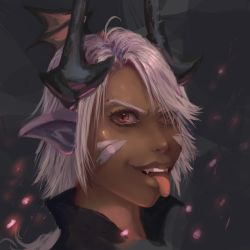  dark_skin demon horns looking_at_viewer milnard milnard_(shadowverse) pointy_ears shadowverse solo tongue tongue_out white_hair  rating:Sensitive score:0 user:Apoc23