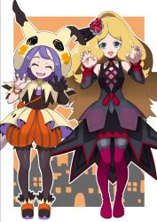 2girls acerola_(fall_2020)_(pokemon) acerola_(pokemon) bare_shoulders bead_bracelet beads black_gloves blonde_hair boots bracelet caitlin_(fall_2021)_(pokemon) caitlin_(pokemon) capelet closed_eyes creatures_(company) detached_sleeves eyelashes facing_viewer flipped_hair game_freak gloves hair_ornament hands_up highres hood hooded_capelet jewelry kohatsuka long_hair looking_at_viewer multiple_girls nintendo official_alternate_costume open_mouth orange_bracelet orange_shorts outline pantyhose pantyhose_under_shorts parted_bangs pokemon pokemon_masters_ex purple_hair shoes shorts single_glove standing striped_clothes striped_shorts themed_object thigh_boots thighhighs tongue vertical-striped_clothes vertical-striped_shorts waist_cape rating:Sensitive score:33 user:danbooru