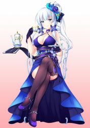  1girl 7nanappe ahoge alternate_costume artist_name azur_lane black_footwear black_thighhighs blue_dress blue_eyes blue_gloves blush bow breasts chair character_name choker cleavage covered_mouth crossed_legs cup dress dress_shoes elbow_gloves flight_deck flower from_below gloves gradient_background hair_bow hair_ornament hair_ribbon hair_rings high_heels highres holding holding_cup holding_saucer illustrious_(azur_lane) illustrious_(never-ending_tea_party)_(azur_lane) lace lace-trimmed_legwear lace_trim large_breasts legs long_hair looking_at_viewer low_twintails mole mole_under_eye on_chair ribbon saucer sidelocks simple_background sitting sleeveless sleeveless_dress solo table teacup teapot thighhighs thighs tress_ribbon twintails white_hair 