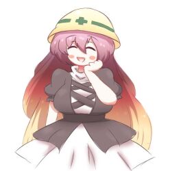  1girl :d black_dress breasts closed_eyes commentary cross-laced_clothes dress english_commentary facing_viewer gradient_hair hard_hat hat helmet hijiri_byakuren large_breasts multicolored_hair notnoe_(dxcl) open_mouth short_sleeves simple_background smile solo touhou white_background yellow_hat 