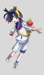  1boy applin black_hair blue_shirt collared_shirt commentary_request creatures_(company) game_freak gen_8_pokemon gloves grey_background hairband highres holding holding_poke_ball jacket kieran_(pokemon) long_sleeves male_focus necktie nintendo open_mouth partially_fingerless_gloves poke_ball poke_ball_(basic) pokemon pokemon_(creature) pokemon_on_arm pokemon_sv red_gloves red_necktie shigeru_(tezx2228) shirt shoes short_hair shorts simple_background single_glove socks teeth tongue upper_teeth_only white_footwear white_jacket white_shorts yellow_bag yellow_hairband 