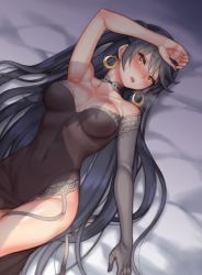  1boy 1girl arm_up armpits bad_id bad_pixiv_id bare_shoulders bed_sheet black_dress black_hair blush breasts choker cleavage collarbone covered_navel dress earrings elbow_gloves folks_(nabokof) gloves grey_gloves jewelry long_hair lying medium_breasts nose_blush on_back shadow strapless strapless_dress tales_of_(series) tales_of_berseria velvet_crowe very_long_hair yellow_eyes  rating:Sensitive score:36 user:Shoetsu