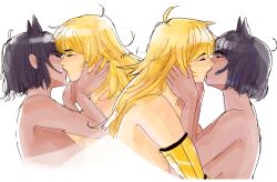  2girls absurdres animal_ears black_hair blake_belladonna blonde_hair blush breast_press breasts cat_ears closed_eyes cowlick grabbing hand_on_another&#039;s_cheek hand_on_another&#039;s_face highres kiss long_hair medium_breasts multiple_girls prosthesis prosthetic_arm roosterteeth rwby short_hair sketch topless visualeffex yang_xiao_long yuri 