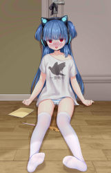1girl absurdres artist_request asphyxiation blue_hair empty_eyes facing_viewer feet female_focus full_body highres indoors loli no_shoes peeing soles solo strangling striped thighhighs rating:Explicit score:56 user:bubbleyum_and_panty_fines