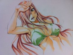 1girl bikini breasts breasts_apart brown_eyes erza_scarlet fairy_tail green_bikini hair_over_one_eye large_breasts long_hair mashima_hiro official_art open_mouth red_hair solo swimsuit traditional_media underboob upper_body rating:Questionable score:76 user:danbooru