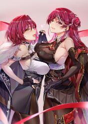 2girls :d ascot asymmetrical_docking black_gloves black_skirt blurry breast_press breasts depth_of_field elbow_gloves fang fingerless_gloves from_side fur-trimmed_jacket fur_trim gloves hair_bun hand_on_own_hip heterochromia highres holding_hands hololive houshou_marine houshou_marine_(businesswoman) houshou_marine_(marching_band) interlocked_fingers jacket jacket_on_shoulders large_breasts licking_lips long_hair miniskirt multicolored_hair multiple_girls multiple_persona nazo_kitsune open_mouth pantyhose pencil_skirt pleated_skirt red_ascot red_eyes red_hair red_ribbon ribbon short_hair skirt smile streaked_hair tongue tongue_out very_long_hair virtual_youtuber yellow_eyes