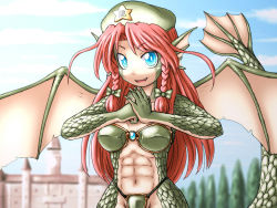  abs animal_ears blue_eyes braid crossover dragon_ears dragon_girl dragon_tail dragon_wings fusion granberia hat hong_meiling long_hair looking_at_viewer mon-musu_quest! monster_girl red_hair ribbon scales scarlet_devil_mansion sdm shirosato smile tail touhou twin_braids wings  rating:Sensitive score:60 user:Ludo
