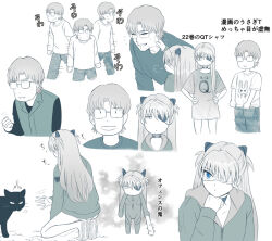  1boy 1girl age_progression aida_kensuke annoyed baseball_bat beard blue_eyes cat evangelion:_3.0+1.0_thrice_upon_a_time eyepatch face_grab facial_hair glasses grin hair_ornament hairclip jacket japanese_text long_hair looking_at_another looking_at_viewer neon_genesis_evangelion plugsuit rebuild_of_evangelion smile souryuu_asuka_langley sweat sweater translation_request 