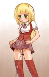 1girl blonde_hair blunt_bangs blush bow bowtie brown_bow brown_bowtie cleft_of_venus clothes_lift gouchin_(nyou-tou) gradient_background green_eyes jacket loli long_hair looking_down no_panties peeing pleated_skirt pussy red_jacket red_thighhighs shirt short_sleeves simple_background skirt skirt_lift sleeveless sleeveless_jacket solo standing thighhighs uncensored white_shirt rating:Explicit score:33 user:cpee