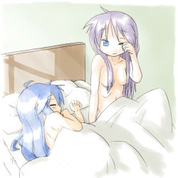 00s 2girls afterglow aftersex ahoge bed bed_sheet blanket blue_eyes blue_hair breasts censored_nipples convenient_censoring couple hair_censor hair_down hair_over_breasts hiiragi_kagami indoors izumi_konata long_hair lucky_star lying multiple_girls naked_sheet nude pillow purple_hair rubbing_eyes sitting sleeping sleepy small_breasts smile sunlight tsurime waking_up yuri rating:Questionable score:66 user:danbooru