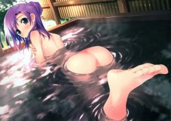 ass barefoot bathing blue_eyes duplicate feet hair_bun kantoku nude onsen purple_hair single_hair_bun solo water rating:Questionable score:12 user:danbooru