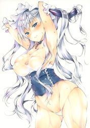 1girl areola_slip armpits arms_behind_head azur_lane belfast_(azur_lane) blue_eyes blush braid breasts chain cleavage collar collarbone corset covered_erect_nipples french_braid frilled_gloves frills gauntlets gloves groin hair_between_eyes half-closed_eyes hands_in_hair highleg highleg_panties large_breasts long_hair looking_at_viewer maid maid_headdress marker_(medium) micro_panties open_mouth panties sidelocks silver_hair simple_background skindentation smile solo sweat sweatdrop thingtng_(sgma7424) traditional_media underwear upper_body wet white_background white_gloves white_panties rating:Questionable score:10 user:danbooru