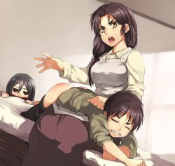  1boy 2girls aged_down apron ass bad_id bad_pixiv_id bed black_eyes black_hair blush brown_eyes brown_hair carla_yeager clenched_teeth closed_eyes clothes_pull dutch_angle embarrassed eren_yeager hair_between_eyes highres humiliation jitome long_hair low-tied_long_hair mikasa_ackerman mother_and_daughter mother_and_son multiple_girls nishimuku_meri on_bed open_mouth pants pants_pull punishment scarf shingeki_no_kyojin shirt short_hair shota sitting skirt spanked spanking tears teeth wince  rating:Questionable score:178 user:danbooru