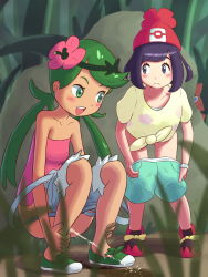 2girls bare_legs bare_shoulders beanie black_eyes black_hair blue_eyes blurry blurry_foreground blush boulder bracelet clothes_pull collarbone convenient_leg creatures_(company) cutoffs dark-skinned_female dark_skin embarrassed female_focus flat_chest floral_print flower full_body game_freak gen_4_pokemon grass green_eyes green_footwear green_hair green_hairband green_shorts hair_flower hair_ornament hairband happy hat highres jewelry kusashige leaning_forward loli long_hair looking_at_another looking_to_the_side mallow_(pokemon) matching_hair/eyes multiple_girls nintendo open_mouth outdoors overall_shorts overalls panties panty_pull peeing peeking pink_flower pink_shirt pokemon pokemon_(creature) pokemon_sm puddle pulled_by_self purple_hair red_footwear rock rotom rotom_dex selene_(pokemon) shirt shoes short_hair short_shorts short_sleeves shorts shorts_pull sidelocks smile squatting standing strapless strapless_shirt swept_bangs teeth tied_shirt twintails undershirt underwear voyeurism white_panties yellow_shirt rating:Questionable score:69 user:AngryZapdos