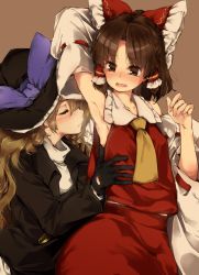  1boy 1girl arm_up armpits benikurage_(cookie) black_gloves black_headwear black_jacket blonde_hair blush bow breasts brown_background brown_eyes brown_hair closed_eyes closed_mouth commentary_request cookie_(touhou) detached_sleeves frilled_bow frilled_shirt_collar frills genderswap genderswap_(ftm) gloves hair_between_eyes hair_bow hair_tubes hakurei_reimu hat hat_bow highres jacket kirisame_marisa long_hair looking_at_another looking_to_the_side medium_hair meji_aniki nose_blush open_mouth parted_bangs red_bow red_shirt red_skirt rei_(cookie) ribbon-trimmed_sleeves ribbon_trim shirt simple_background skirt skirt_set sleeveless sleeveless_shirt small_breasts smelling_armpit third-party_edit touhou trap turtleneck upper_body white_shirt white_sleeves witch_hat  rating:Questionable score:58 user:shabon