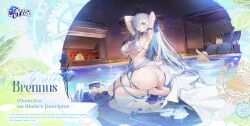  1girl armlet armpits arms_up ass azur_lane bikini blue_eyes blue_flower blue_rose breasts brennus_(azur_lane) brennus_(musician_on_blade&#039;s_precipice)_(azur_lane) butt_crack character_name copyright_name copyright_notice flower goggles goggles_on_head hair_flower hair_ornament hair_over_one_eye hair_ribbon high_heels highres instrument long_hair looking_at_viewer manjuu_(azur_lane) mouth_hold official_art pool poolside purple_ribbon ribbon rose sarong second-party_source seiza shoes sideboob sitting solo swimsuit thick_thighs thigh_strap thighs unworn_shoes very_long_hair violin white_bikini white_footwear white_hair white_sarong 