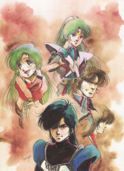  1980s_(style) 2boys 3girls age_difference android athena_henderson big_west bodysuit chiram choujikuu_seiki_orguss dress emaan green_hair highres insignia katsuragi_kei looking_at_viewer mikimoto_haruhiko military military_uniform mimsy_raas mome_(orguss) mu_(orguss) multiple_boys multiple_girls official_art oldschool olson_verne orguss painting_(medium) pilot_suit production_art promotional_art retro_artstyle robot salute scan science_fiction serious signature size_difference sticker traditional_media uniform watercolor_(medium) 