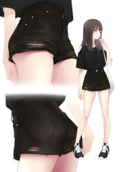  1girl ama_mitsuki ass bag bare_legs bare_shoulders black_footwear black_shirt black_shorts brown_eyes brown_hair clothing_cutout full_body high-waist_shorts highres jewelry long_hair looking_to_the_side multiple_views necklace non-web_source original panties panty_peek shirt shoes short_shorts short_sleeves shorts shoulder_bag shoulder_cutout simple_background sneakers standing underwear upshorts white_background white_panties 
