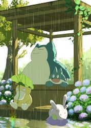  :d bush closed_mouth commentary_request creatures_(company) fangs fangs_out flower game_freak gen_1_pokemon gen_6_pokemon goomy highres mri_361 nintendo no_humans open_mouth outdoors pokemon pokemon_(creature) psyduck puddle purple_flower rain sitting smile snorlax 