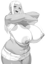  1girl :d absurdres bare_arms blush breast_drop breasts cleavage commentary_request curvy grey_eyes hakai_shin highres huge_breasts large_areolae large_nipples long_hair looking_at_viewer monochrome navel nipples open_mouth original plump short_shorts shorts sidelocks simple_background smile solo stomach tan tank_top tanline teeth thick_thighs thighs undressing upper_teeth_only white_background white_hair white_shorts white_tank_top 