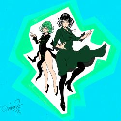  2girls artist_name black_hair breasts covered_navel curly_hair dress female_focus floating fubuki_(one-punch_man) green_dress green_eyes green_hair high_heels highres jewelry multiple_girls necklace no_panties one-punch_man orphan2 pelvic_curtain pumps short_hair siblings simple_background sisters tatsumaki thighhighs  rating:Sensitive score:4 user:Orphan2