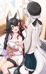  2girls :d alternate_costume animal_ear_fluff animal_ear_piercing animal_ears beret black_hair black_hat black_ribbon blush braided_sidelock breasts brushing_hair closed_eyes commentary_request double-parted_bangs ear_blush fangs flipped_hair fox_ears fox_girl fox_tail frilled_skirt frills green_skirt hair_brush hair_ornament hair_ribbon hairclip hand_grab hat highres hololive indoors inugami_korone_(dog) large_breasts long_hair long_sleeves looking_at_another loungewear low_ponytail multicolored_hair multiple_girls nekomata_okayu_(cat) official_alternate_costume on_bed ookami_mio open_mouth pentagram print_shirt red_hair ribbon shirakami_fubuki shirakami_fubuki_(street) shirt short_shorts shorts sidelocks sitting skirt smile spiked_hair standing streaked_hair t-shirt tail tail_around_own_leg very_long_hair virtual_youtuber white_hair white_shirt white_shorts wide_sleeves wolf_ears wolf_girl wolf_tail yellow_eyes yuuzuki_(re&#039;ef) 