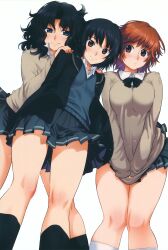  3girls absurdres amagami black_bow black_bowtie black_eyes black_hair black_jacket black_sailor_collar black_skirt black_socks blue_sweater blush bow bowtie breasts brown_eyes brown_hair brown_sweater collared_shirt covering_crotch covering_privates floating_clothes from_below hands_on_another&#039;s_shoulders highres jacket kibito_high_school_uniform kneehighs koume_keito large_breasts light_particles looking_at_viewer medium_hair messy_hair multiple_girls nanasaki_ai open_collar parted_bangs pleated_skirt sailor_collar sakurai_rihoko scan school_uniform shirt short_hair simple_background skirt small_breasts smile socks sweater tanamachi_kaoru thighs white_background white_shirt white_socks 