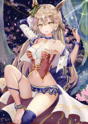 1girl :d absurdres age_fx animal_ears ankleband armpits arms_up bad_id bad_pixiv_id bare_shoulders barefoot blue_choker blush bow braid breasts brown_eyes brown_hair cherry_blossoms chinese_commentary choker cleavage collarbone commentary_request corset cropped_jacket ear_ornament ear_ribbon groin hair_between_eyes half_updo highres horse_ears horse_girl jacket large_breasts light_particles light_rays long_hair looking_at_viewer microskirt midriff navel navel_piercing off_shoulder open_mouth panties pantyshot partial_commentary piercing red_corset satono_diamond_(umamusume) sidelocks sitting skirt smile solo starting_future_(umamusume) teeth umamusume underwear upper_teeth_only white_jacket white_panties wrist_cuffs rating:Sensitive score:17 user:danbooru