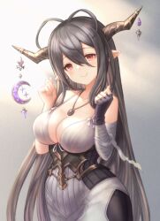 1girl antenna_hair bandages black_hair breasts cleavage collarbone cowboy_shot crescent danua draph dress fingerless_gloves gloves granblue_fantasy hair_between_eyes haneruhitsuji horn_ornament horns jewelry large_breasts long_hair looking_at_viewer necklace pointy_ears red_eyes simple_background smile solo very_long_hair white_dress wide_hips rating:Sensitive score:7 user:danbooru