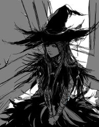 1girl astronotus bandages demon&#039;s_souls female_focus from_software greyscale hat indoors long_hair monochrome sketch solo witch witch_hat yuria_the_witch 