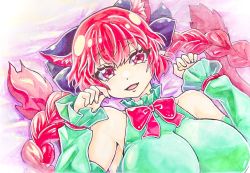 1girl :d animal_ears atori_art bow braid breasts cat_ears fangs hair_between_eyes hands_up highres huge_breasts kaenbyou_rin looking_at_viewer lying on_back open_mouth red_eyes red_hair smile solo touhou traditional_media twin_braids upper_body rating:Questionable score:4 user:danbooru