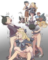  1girl 3boys absurdres aged_down ahoge bar_censor blonde_hair bottomless brown_shorts censored child_on_child commentary commentary_request commission creatures_(company) cum cynthia_(pokemon) defeat ejaculation english_commentary eye_contact fellatio game_freak gen_1_pokemon gen_2_pokemon gen_4_pokemon gible girl_on_top gradient_background group_sex handjob hands_on_another&#039;s_head hetero highres jogger_(pokemon) kinni loli long_hair looking_at_another marill mixed-language_commentary mmf_threesome multiple_boys nervous nintendo oral penis pokemon pokemon_(anime) pokemon_(creature) pokemon_dppt pokemon_journeys pokemon_ranger_(pokemon) progression psychic_(pokemon) psyduck shorts shota small_penis squiggle staravia testicles threesome visor_cap x_x  rating:Explicit score:594 user:danbooru