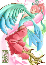  1girl absurdres bird_legs bird_tail blue_feathers blue_tail breasts cleavage commentary_request feathered_wings feathers green_ribbon hair_ribbon harpy high_ponytail highres long_hair monster_girl original panties pink_hair plunging_neckline red_eyes red_panties ribbon small_breasts solo tail talons underwear winged_arms wings zerosentakuki 