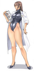  1girl brown_eyes brown_hair clipboard high_heels kyoukai lab_coat one-piece_swimsuit original shoes skin_tight solo swimsuit 