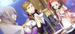 1boy 2girls artist_request ascot beard black_choker blue_eyes blue_vest blurry blurry_foreground breasts brown_hair carine_ne_britannia child choker code_geass code_geass:_lost_stories collarbone cookie cup dress drink dutch_angle epaulettes facial_hair flat_chest food forehead game_cg grey_eyes grey_hair grey_jacket grin guinevere_de_britannia half-closed_eyes hand_up hands_up happy high_collar holding holding_cup holding_drink jacket juliet_sleeves large_breasts light_particles long_hair long_sleeves looking_at_another looking_at_viewer matching_hair/eyes military_uniform multiple_girls non-web_source odysseus_eu_britannia official_art on_chair open_mouth own_hands_together pink_dress puffy_sleeves red_hair sandwich saucer shirt short_hair sidelocks sitting smile steam tart_(food) teacup teapot teeth tiered_tray tray twintails uniform upper_body vest white_ascot white_shirt