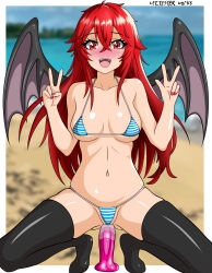 absurdres anal anal_object_insertion bikini blush breasts cpt.tester_works demon_girl demon_wings dildo double_v fangs full_body highres itadaki!_seieki long_hair looking_at_viewer medium_breasts midriff object_insertion open_mouth outdoors panties red_eyes red_hair setogaya_mari sex_toy squatting striped_bikini striped_clothes striped_panties swimsuit thighhighs underwear v wings