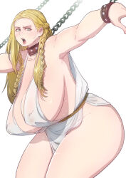  1girl absurdres blonde_hair breasts butcherboy chain highres huge_breasts long_hair restrained solo  rating:Questionable score:28 user:jojosstand
