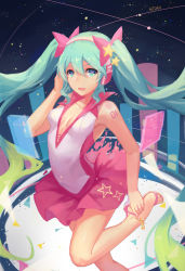1girl :d aqua_eyes artist_name atdan bad_id bad_pixiv_id bare_legs bow breasts cleavage dress gradient_background hair_bow hand_on_own_ear hatsune_miku headphones heart heart-shaped_pupils high_heels highres long_hair looking_at_viewer open_mouth sandals shoes sleeveless small_breasts smile solo star_(symbol) symbol-shaped_pupils toes twintails vocaloid rating:Sensitive score:24 user:danbooru